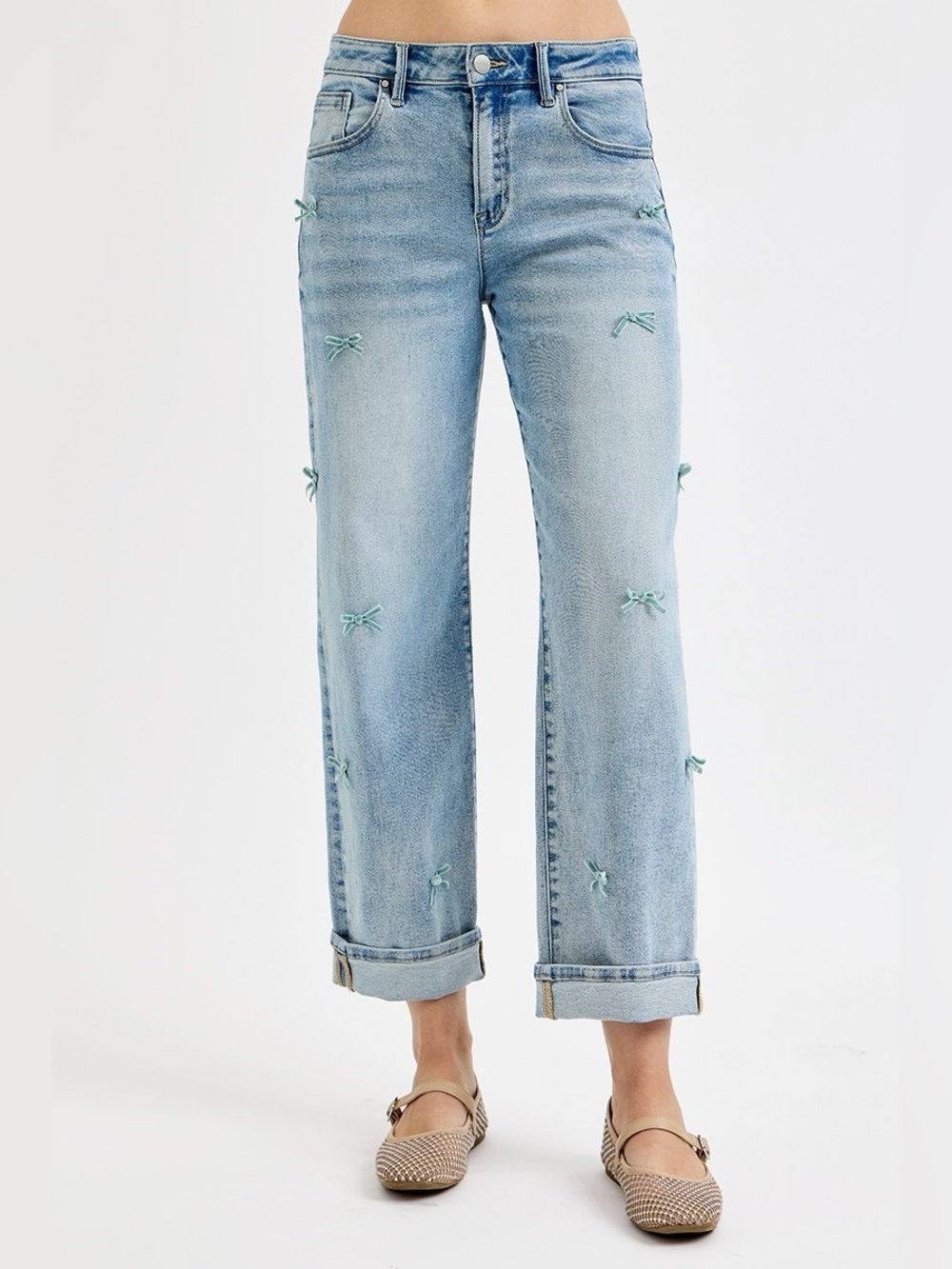 Risen Light Wash Cropped Jeans with Bow Embroidery - Women